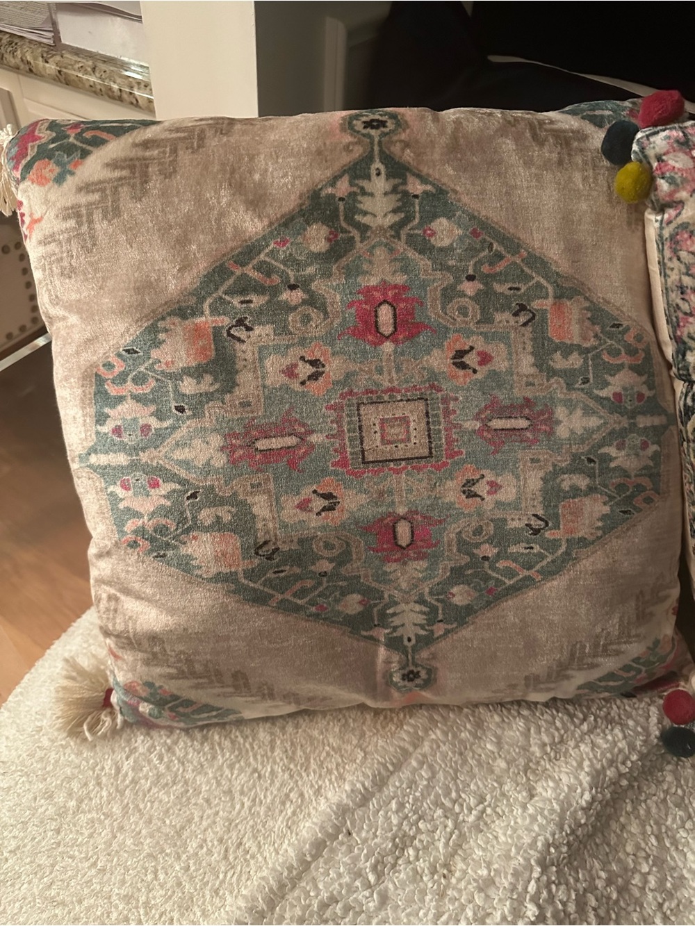 Set of 2 Vintage Boho Tapestry Velvet Throw Pillows - Medallion Tassels Pom Poms - Picture 4 of 4